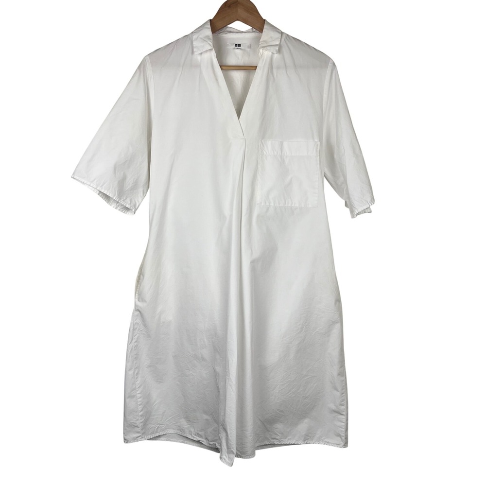 Uniqlo Womens White 100% Cotton V-Neck Short Sleeve Shirt Dress Size S 193001